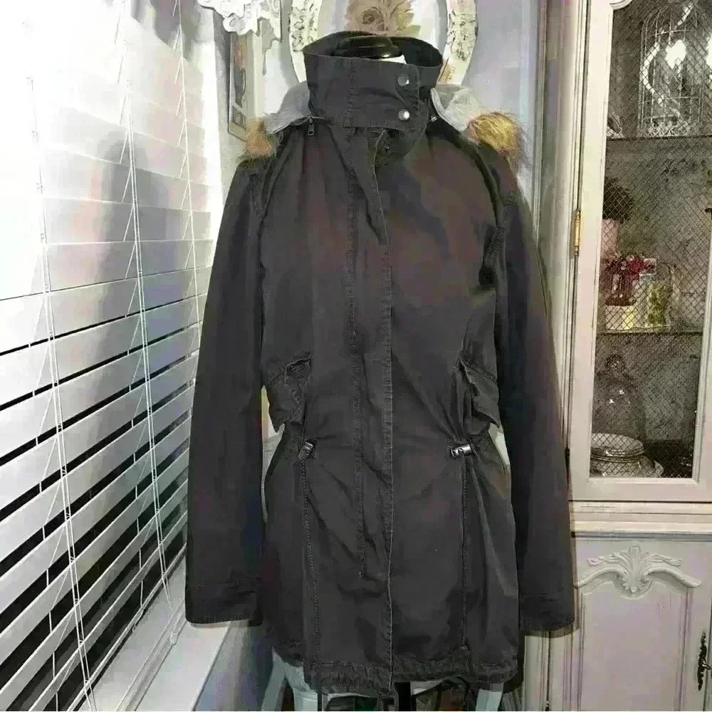 Express Army green utility jacket with detachable hood and inner faux fur vest